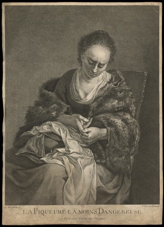 A young woman tending to a cut on her finger from which drops of blood fall. Line engraving by F. Basan, 17--, after N. Berchem (?).