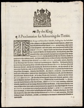 By the King : A proclamation for adiouring the Terme [on account of the plague; also forbidding any citizen from seeking the royal touch as a cure for the King's Evil. 9 Sept. 1630]