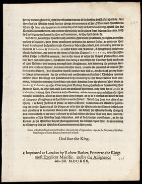 By the King : A proclamation for adiouring the Terme [on account of the plague; also forbidding any citizen from seeking the royal touch as a cure for the King's Evil. 9 Sept. 1630]