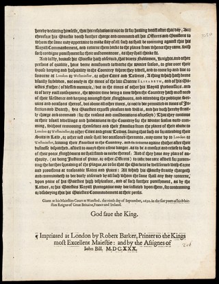 By the King : A proclamation for adiouring the Terme [on account of the plague; also forbidding any citizen from seeking the royal touch as a cure for the King's Evil. 9 Sept. 1630].