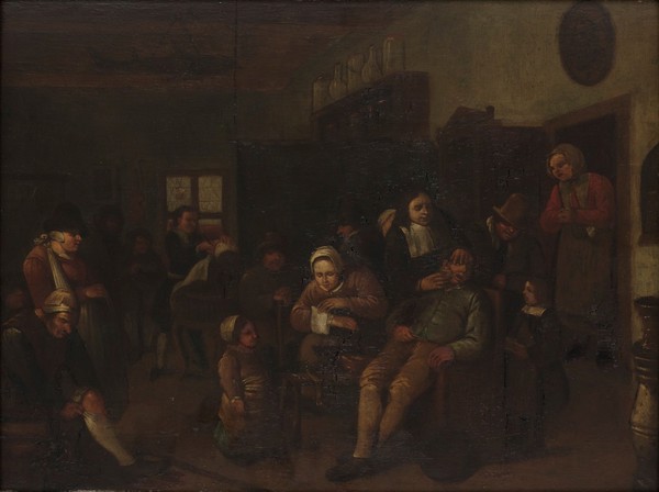 Barber surgeons operating. Oil painting after E. van Heemskerck.