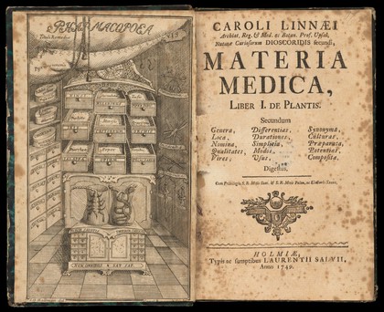 Materia medica, liber I. De plantis. Secundum genera, loca, nomina, qualitates, vires, differentias, durationes, simplicia, modos, usus, synonyma, culturas, praeparata, potentias, composita, digestus / [Carl von Linné].