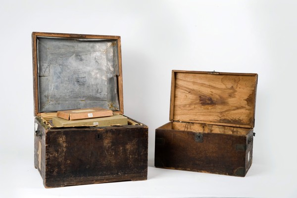 One of the chests which the photographer John Thomson (1837-1921) used to carry his glass negatives. Wood and metal, 18--.