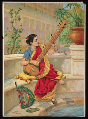 A seated Indian woman plays a sitar next to a garden pond. Chromolithograph after Ravi Varma,1800s.