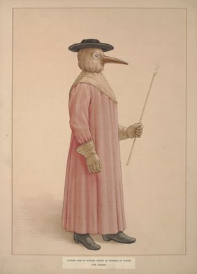 A physician wearing a seventeenth century plague preventive costume. Watercolour, ca. 1910.