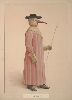 view A physician wearing a seventeenth century plague preventive costume. Watercolour, ca. 1910.