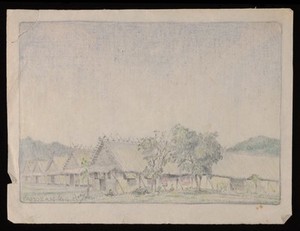 view Drawing of huts in a World War II Prisoner of War camp, probably Tamuang, Thailand, part of the Burma-Thailand Railway. By an unknown artist