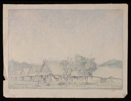 Drawing of huts in a World War II Prisoner of War camp, probably Tamuang, Thailand, part of the Burma-Thailand Railway. By an unknown artist