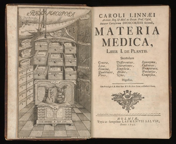 Materia medica, liber I. De plantis. Secundum genera, loca, nomina, qualitates, vires, differentias, durationes, simplicia, modos, usus, synonyma, culturas, praeparata, potentias, composita, digestus / [Carl von Linné].