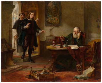 Milton visiting Galileo when a prisoner of the Inquisition. Oil painting by Solomon Alexander Hart, 1847.