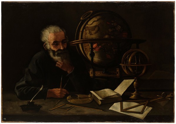 A philosopher with a celestial globe. Oil painting, ca. 162-.