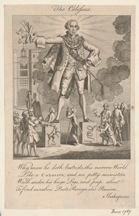 The Earl of Bute as a Colossus wearing a tartan scarf about his shoulders stands on two stone pedestals before the tower to St James's Palace as William Pitt the Elder, leaning on a crutch, pleads with him from below. Engraving, 1767.