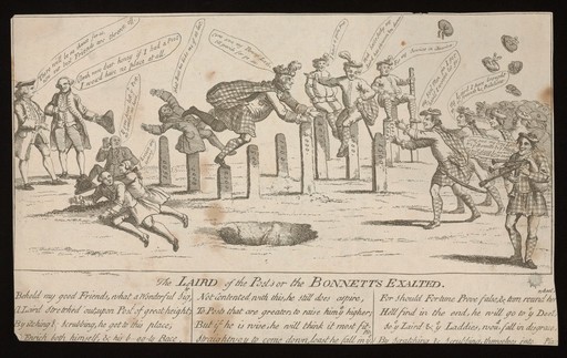 Lord Bute in highland dress jumps over numbered stone posts beside an open pit. Etching, 1762