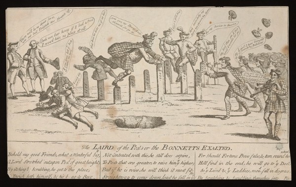 Lord Bute in Highland dress jumps over numbered stone posts beside an open pit. Etching, 1762.