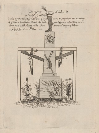 A jack-boot stands on top of a truncated obelisk enclosed within a triangular gibbet from which hang a fox and a goose from garlands; representing the Treaty of Paris, 1763. Etching, 1763.