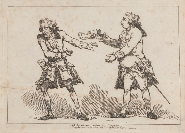 John Wolcot (Peter Pindar) with a copy of his 'Odes' in his pocket, shrinks from an approaching gentleman with a paper labelled 'pension'. Etching attributed to T. Rowlandson, ca. 1787.