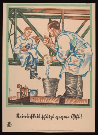 A painter on a crane, eating a meal, while a cleaner tells him to eat his food elsewhere; advertising the value of cleanliness for safety in the building trades. Colour lithograph after L. Fries, 192-.