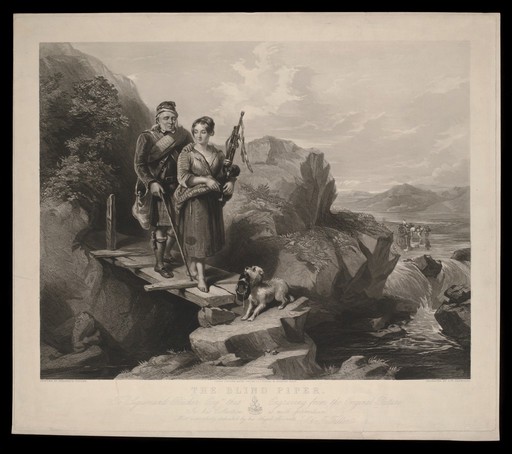 A young woman guiding a blind bag-piper over a bridge in Scotland. Stipple engraving by S.W. Reynolds, 1848, after F. Tayler