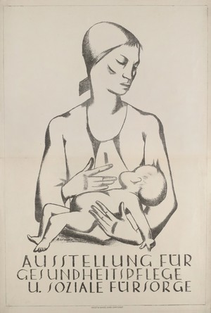 view An under-nourished working class mother holding a baby; advertising the "GeSoLei", an exhibition in Düsseldorf on healthcare. Lithograph after R. Waller, 1926.