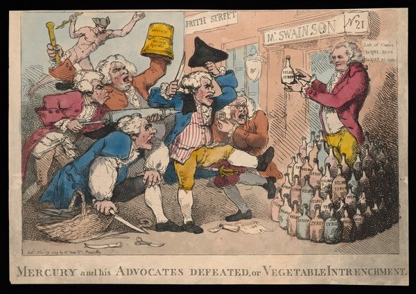 Isaac Swainson promoting his 'Velnos syrup', facing an onslaught of rival practitioners advocating mercury. Coloured etching by T. Rowlandson, 1789.