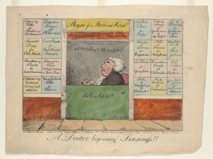 A new apothecary's shop open for business, with parody advertisements for different potions; representing the remedies required for different professions and social types. Coloured etching after G.M. Woodward, 1802.