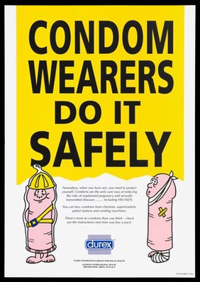 A personified penis wearing a condom and safety equipment.