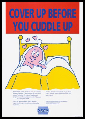 A personified penis wearing a condom in bed to illustrate the use of condoms.