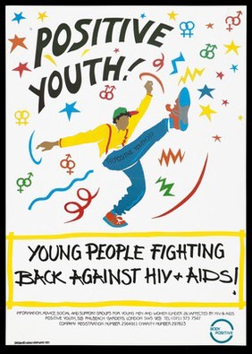 A youth wearing a cap and trainers with leg raised and arms outstretched; representing the fight against AIDS. Colour lithograph, 1991.