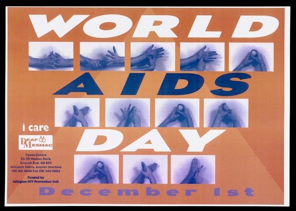 Hands spelling out World Aids Day in sign language. Colour lithograph.