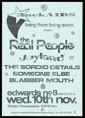 A music event organised by RockAIDS featuring a number of bands including The Real People. Photocopy.