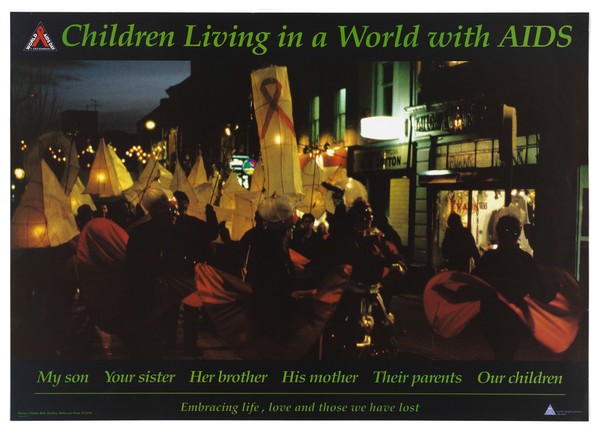 A procession of people with paper lanterns walking down a street at night; advertisment for Children Living with Aids in support of World Aids Day. Colour lithograph, 1996.