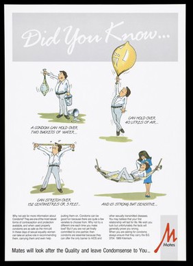 A man testing the strength of a Mates condom. Colour lithograph.