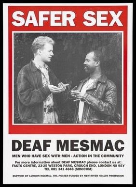 A white and a black man sign 'safer sex' in an advertisement by Deaf Mesmac. Black and white lithograph with red.