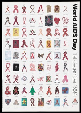 Seventy-two different designs for the AIDS red ribbon-device. Colour lithograph, 1994.