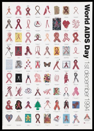 view Seventy-two different designs for the AIDS red ribbon-device. Colour lithograph, 1994.