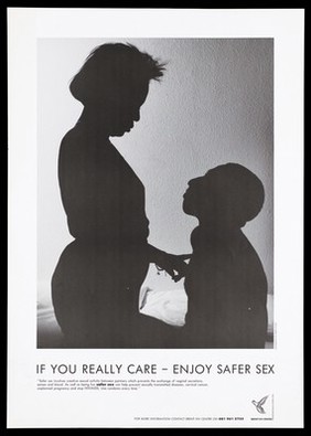 A bedroom in which a woman stands with her hand touching the chest of a man in silhouette; an advertisement for the Brent HIV centre. Black and white lithograph.