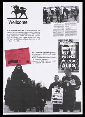 Compilation of newspaper cuttings including a group of protestors; one wears a death mask and cloak, another carries a banner with the slogan: 'Boycott Wellcome products''; an advertisement for the campaign Act Up Manchester in support of care for those with AIDS. Black and white photocopy with red.