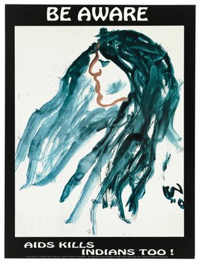 A painted head with long black hair and a brown profile representing a Cherokee Indian; warning about AIDS issued by the Cherokee Health Delivery. Colour lithograph by Waylon Sequoyah.