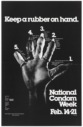 A hand with fingers bearing numbered condoms; advertisement for National Condom Week Feb. 14-21, 1978 by the Pharmacy Planning Service. Black and white lithograph by Fred Lyon and David Smith Graphics.