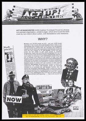 Compilation of newspaper cuttings including a banner held by two men with the slogan 'Aids Coalition To Unleash Power. ACT-UP'; an advertisement for the campaign Act Up Manchester in support of care for those with AIDS. Black and white photocopy with yellow.