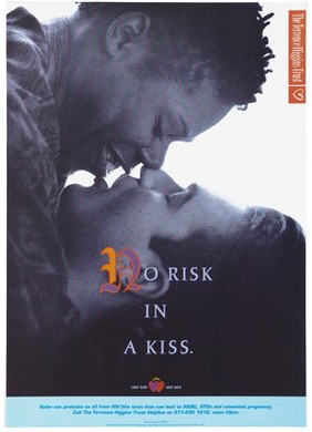 A couple touch noses as they are about to kiss; an advert for safe sex by the Terrence Higgins Trust. Colour lithograph.
