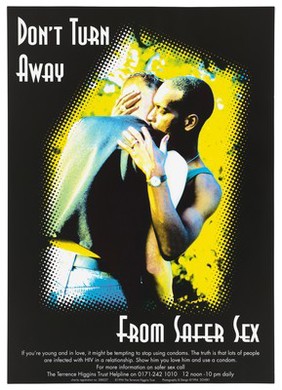 Two men caressing in an image pixelated at the edge; an advertisement for the Terrence Higgins Trust helpline for advice about safe sex in AIDS prevention. Colour lithograph, 1994