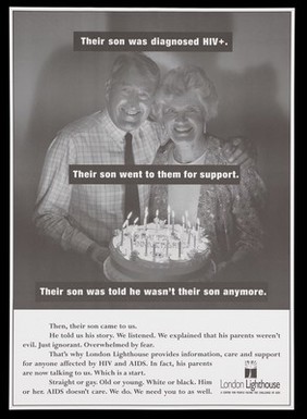 A couple hold up a cake lit with candles bearing the words 'Happy Anniversary'; advertisement for the support provided by the London Lighthouse centre for those affected by HIV and AIDS. Black and white lithograph.