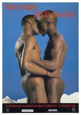 Two kissing naked black men; advertisement for safe sex by the Terrence Higgins Trust. Colour lithograph.