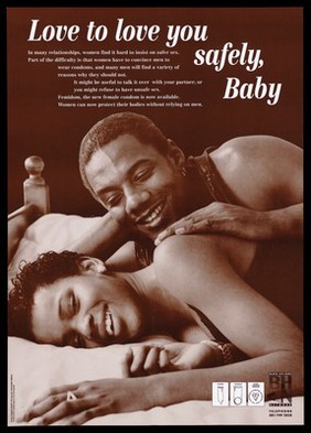 A black couple lie on a bed together smiling; advertisement for the new female condom by the Black HIV/AIDS Network. Brown lithograph.