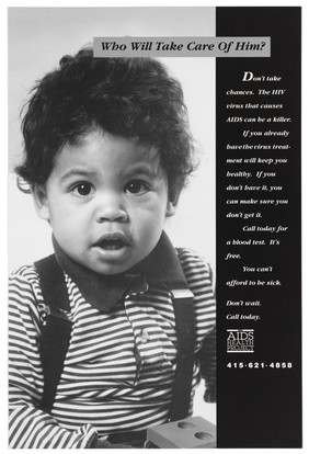 A black child in a stripy top and braces who has AIDS; an advertisement for The Aids Health Project. Black and white lithograph.