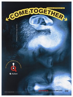 Two men's faces come together representing an advertisement for gay and bisexual men to practice safe sex by the Stop AIDS Project. Colour lithograph by Erik Adigard and Patricia Mcshane.