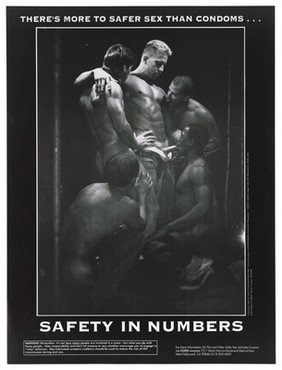 Men performing oral sex; advertisement for safe sex to reduce the risk of HIV by the Core Program. Lithograph by Charles R. Moniz