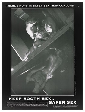 Two groups of men performing oral sex in booths; advertisement for safe sex to reduce the risk of HIV by the Core Program. Lithograph by Charles R. Moniz