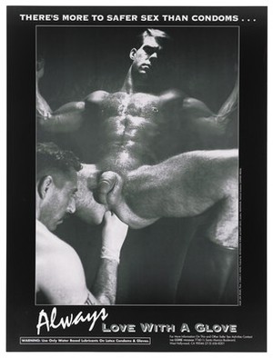 view Two men performing anal sex; advertisement for safe sex to reduce the risk of HIV by the Core Program. Lithograph by Charles R. Moniz